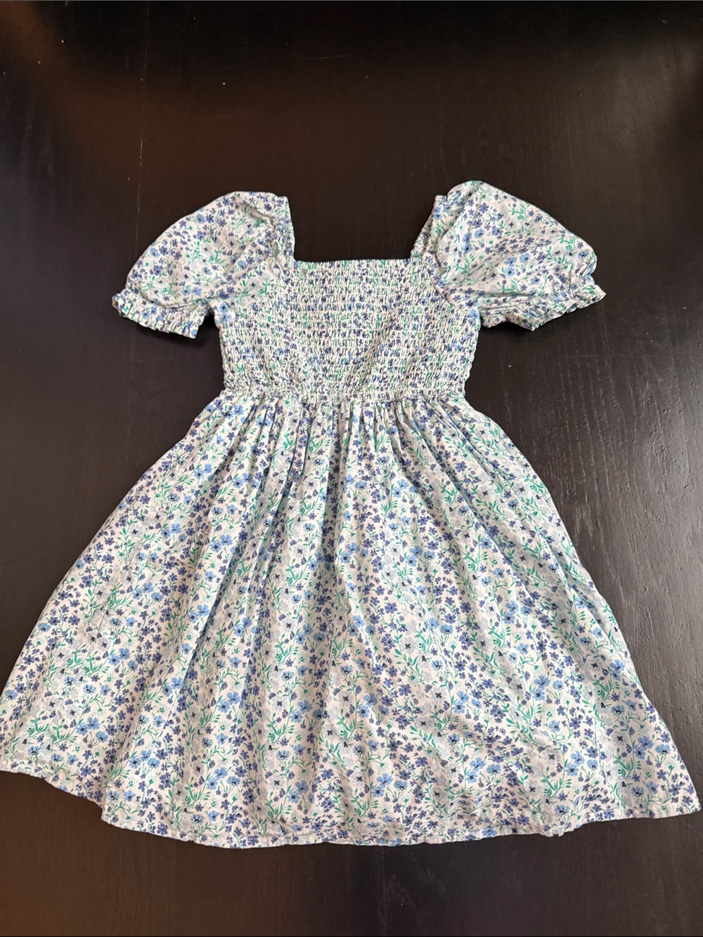 Crewcuts Smocked Puff-Sleeve Floral Dress - White, Blue, Green
